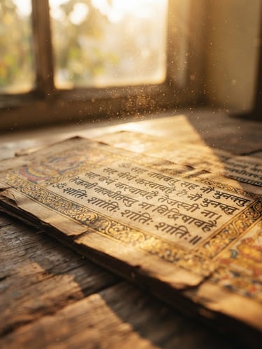 Close-up of sacred Sanskrit texts illuminated by warm window light, golden-hour dust motes, shallow depth of field, 35mm.