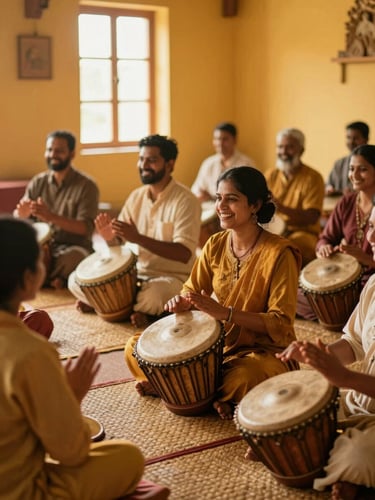 Medium shot of community members sitting cross-legged on woven mats in a warm temple room, playing traditional clay drums and hand cymbals, joyful expressions, soft window light.