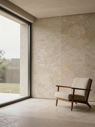 Minimalist villa interior, travertine stone wall, large floor-to-ceiling window with soft daylight, elegant mid-century modern armchair, muted warm earth tones.