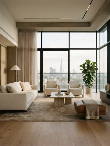 Elegant modern living room of a penthouse, minimalist luxury furniture, high ceilings, large floor-to-ceiling windows with soft daylight streaming in, warm oak floors, minimalist architectural lines, 35mm photography