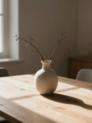 Close-up of a beautifully staged dining table with ceramic vase, single branch, soft morning light streaming through a window, elegant minimalist styling