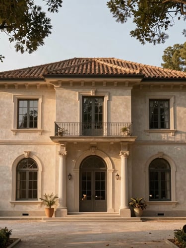 Elegant historic villa exterior surrounded by mature trees, soft golden hour sunlight, architectural photography style with warm tones
