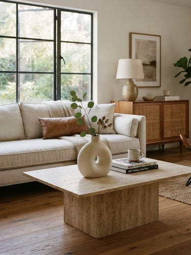 Close-up of a beautifully staged mid-century modern living room, soft morning light streaming through a large steel-framed window, warm oak floor, neutral linen sofa, minimalist ceramic vase on a travertine coffee table, architectural editorial photography