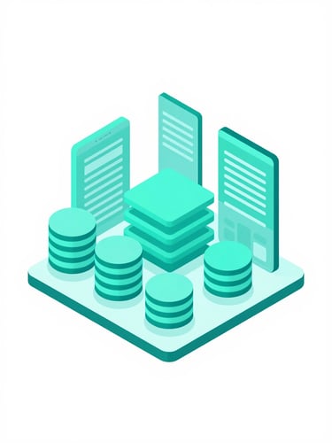Isometric 3D vector illustration of a modern digital city composed of layered mobile app screens and database nodes, vibrant teal and cyan accents, minimalist white background