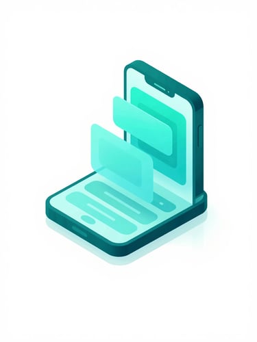 Isometric 3D vector illustration of a glowing digital smartphone interface showing app architecture, vibrant cyan and deep teal accents, clean white background