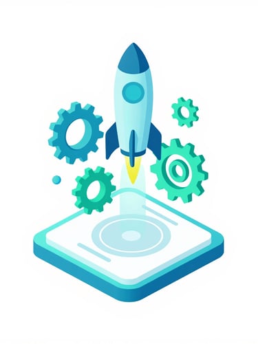 Isometric 3D vector illustration of a mobile app interface floating with digital gears and launch rockets, vibrant cyan and teal accents on a clean white background.