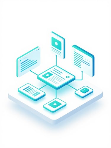 An isometric 3D vector illustration of modular digital interface panels floating above a clean white surface, glowing cyan and teal connection lines linking app wireframes, crisp digital rendering with generous negative space.
