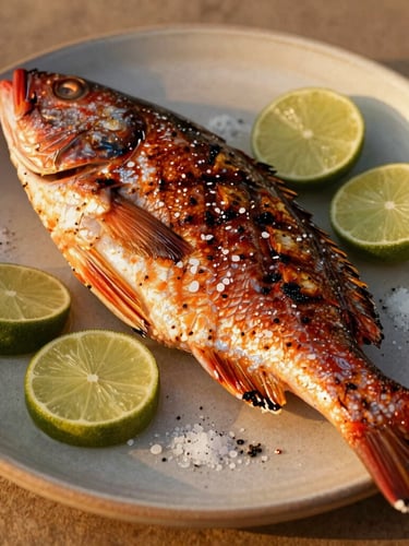 An editorial close-up of a perfectly grilled red snapper on a rustic ceramic plate, garnished with local lime and sea salt, warm golden-hour light, 35mm
