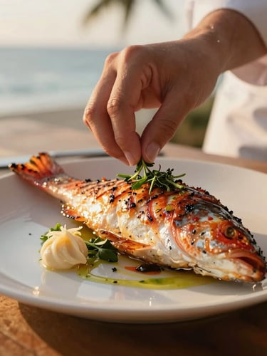 A close-up of a chef artfully plating a grilled red snapper dish with local herbs, warm natural light, shallow depth of field