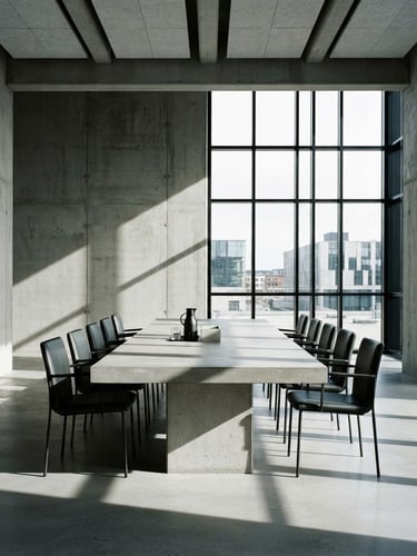 Architectural minimalist photography of a modern concrete boardroom with sharp geometric shadows, desaturated cool tones, medium format film