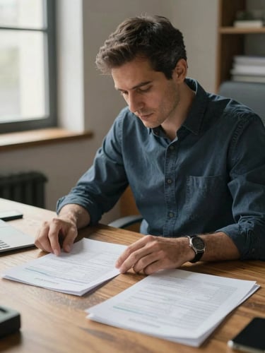 Close portrait of a man in his forties reviewing annotated financial statements at a wide wooden desk, natural window light from the left, hands resting on printed pages, shallow depth of field, warm ambient office tone