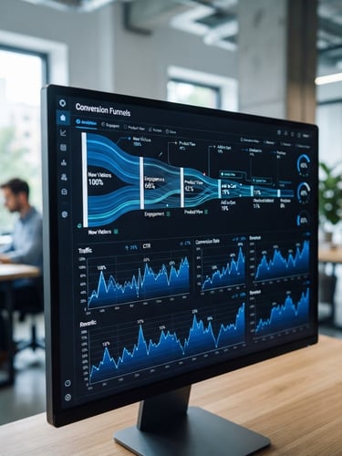 Crisp macro photograph of a high-contrast dark-mode analytics dashboard showing conversion pipelines, sharp blue line charts, clean modern office background with cool natural light