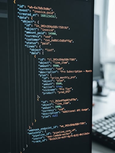 Macro shot of a high-contrast computer screen displaying complex API webhook data pipelines and JSON code, crisp focus on code lines, modern workspace background, clean neutral daylight, cool desaturated tones, sharp focus