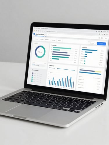 Crisp editorial tech photography of a modern workspace in clean neutral daylight. A high-contrast data dashboard showing search analytics is displayed on a laptop screen, cool desaturated tones, sharp focus.