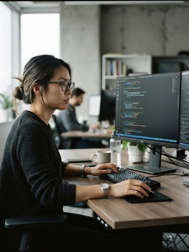Candid editorial portrait of a technical specialist analyzing code on a dual-monitor setup in a bright, neutral daylight studio, cool tones, sharp focus, 35mm.