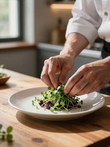 Close-up of a chef's hands arranging microgreens on a white ceramic plate on a wooden prep counter, natural window light from the left casting soft shadows, shallow depth of field, warm ambient kitchen glow behind, no faces visible, textures of ceramic and herbs sharp in foreground