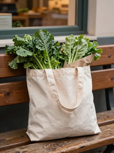 Portrait-framed shot of a market-goer's canvas tote bag resting on a wooden bench, overflowing with leafy greens and a wrapped bouquet, warm window light, close crop on texture and colour