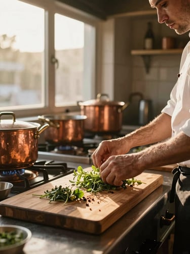 Wide environmental shot of a small restaurant prep kitchen, viewed from the side — a cook's hands arranging herbs on a wooden board under deep golden afternoon window light, copper pots softly out of focus in the background, warm amber tones throughout, natural and unhurried