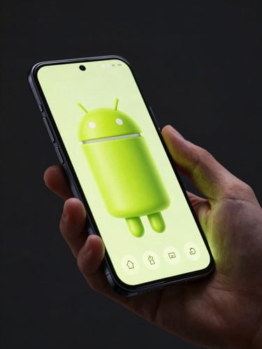 Close-up macro shot of a hand holding a modern Android phone, electric lime UI elements glowing on screen, high-contrast studio rim lighting, dark background, angled device profile.