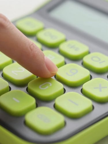 Extreme close-up angle of a thumb tapping a high-contrast lime calculator button on a modern Android screen, electric lime rim light reflecting on physical glass.