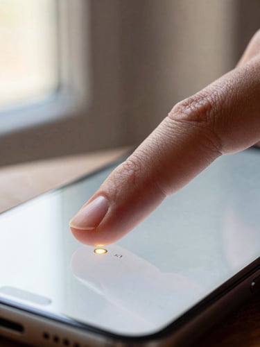 Extreme close-up of a thumb resting on an Android phone screen, a single amber-highlighted UI element visible under the fingertip, soft natural window light from the left, warm shallow focus on the glass surface