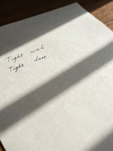 Tight intimate crop of handwritten notes on heavy linen paper, high-contrast natural daylight casting deep architectural shadows across the desk, sharp focus on the ink, expansive negative space to the right.