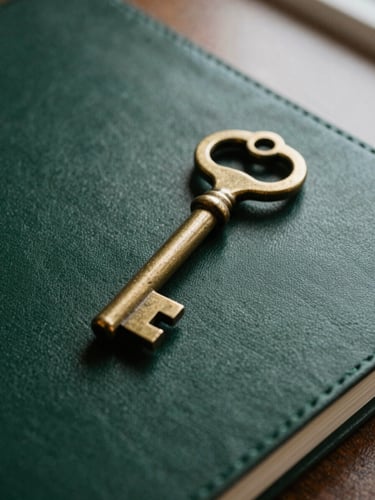 Macro close-up of a heavy brass key resting on a dark green leather ledger, soft natural side light, deep shadows, 35mm.