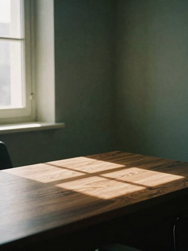 Subdued editorial photography of a quiet private office corner, soft natural window light casting long geometric shadows on a dark wood desk, 35mm.
