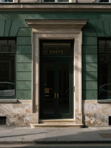 Subdued architectural detail of a private bank entrance, long shadows on stone, soft indirect natural light, minimal luxury, 35mm