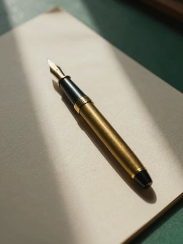 Subdued macro photograph of a heavy brass fountain pen resting on thick, textured champagne-colored cotton paper, soft indirect window light casting long, elegant shadows across the desk, 35mm.