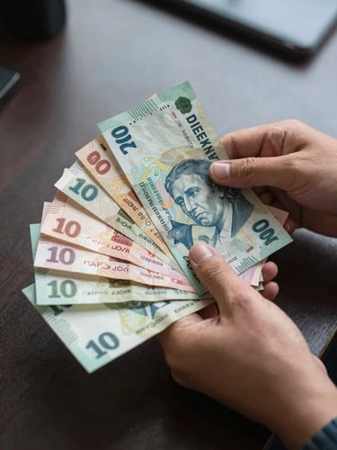 Close-up overhead flat-lay of hands counting Venezuelan bolivars and Colombian pesos on a dark desk surface under soft office window light, currency notes fanned out, documentary style, no faces