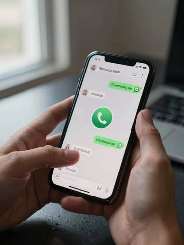 Extreme close-up of hands holding a smartphone displaying a WhatsApp transfer confirmation chat screen, natural office window light from the left, dark desk surface beneath, documentary style, no faces