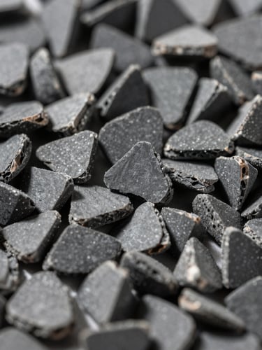 Extreme close-up of clean, uniform dark slate gray polymer granules in high-contrast industrial lighting, sharp shadows, shallow depth of field