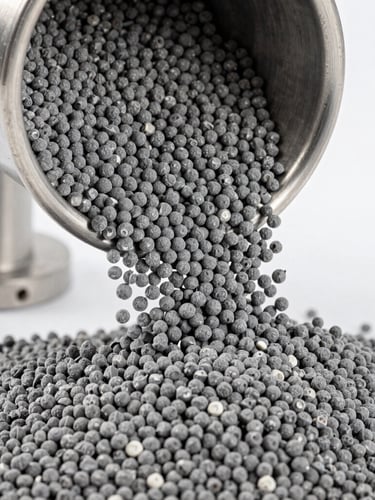 Industrial macro photography of uniform gray polymer granules flowing through a stainless steel funnel, cool daylight, sharp focus.