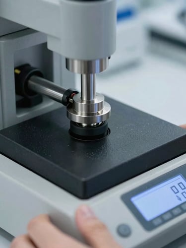Close-up of a laboratory technician operating a digital extrusion plastometer, cool metallic lighting, sharp focus on the testing apparatus.