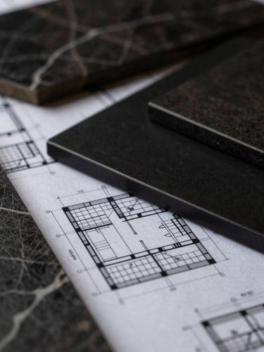 Close-up macro shot of architectural blueprints overlaid on premium dark marble and matte black metal material samples, dramatic side lighting