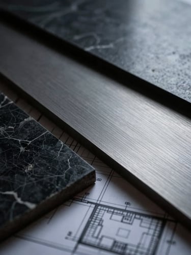 Close-up macro shot of architectural blueprints overlaid on raw black marble and matte steel material samples, sharp focus, low-key dramatic lighting.
