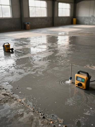 Wide environmental shot of a warehouse concrete floor being prepared for epoxy application, tools and moisture testing equipment visible on the slab surface, warm overcast daylight from high windows, no workers' faces, overhead angle showing substrate texture and prep marks