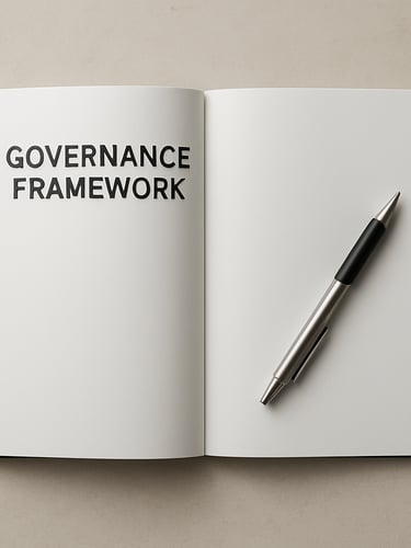 Wide panoramic overhead flat-lay of an open governance framework document on a pale stone desk, a single pen resting diagonally across the pages, even north-facing studio daylight, generous negative space to the right