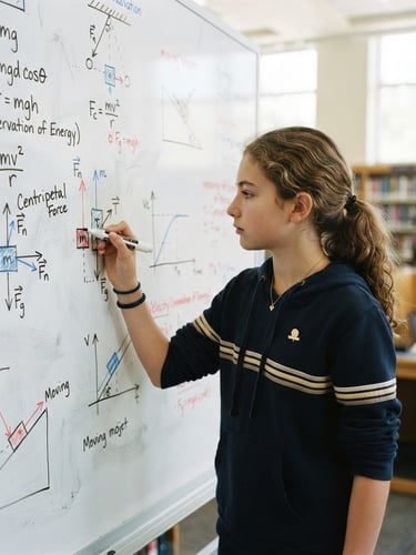 A focused middle-school student sketching a complex physics diagram on a physical whiteboard, bright natural library light, deep navy and gold accents, crisp focus, 35mm