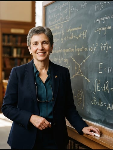 A professional portrait of a senior academic mentor in a navy blazer standing before a chalkboard with hand-drawn physics derivations, warm side-lighting, editorial style