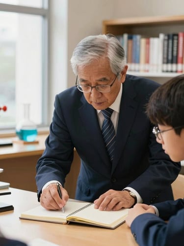 A senior academic mentor guiding a student over a notebook, soft natural light, physical science models in the background, professional editorial photography, 35mm