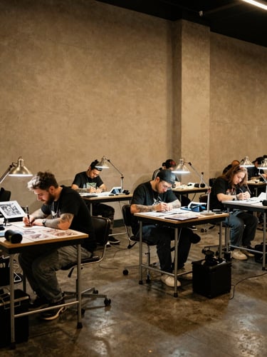 Wide-angle interior of a tattoo convention hall in warm tungsten light, artists at work stations in the midground, a client leaning over a portfolio on the left, high contrast shadows defining the workspace — no crowd energy, pure craft atmosphere