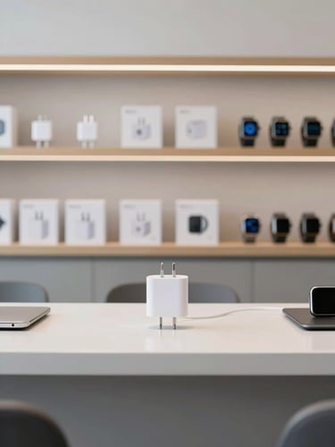 A straight-on eye-level photograph of a modern, clean electronics service counter, bright studio lighting, minimalist shelves displaying boxed genuine chargers and smartwatches in the background, sharp focus.