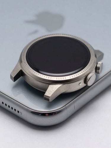 A macro studio photograph of a sleek titanium smartwatch bezel resting next to a metallic smartphone edge, crisp reflections, bright clean lighting with soft natural shadows, high-definition details.