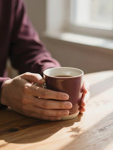 Close-up of hands holding a warm ceramic mug on a wooden table, soft morning sunlight casting leaf shadows, shallow depth of field, warm editorial 35mm