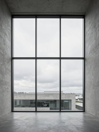Minimalist modern office interior flooded with natural light, raw concrete walls, large window showing overcast sky, architectural photography