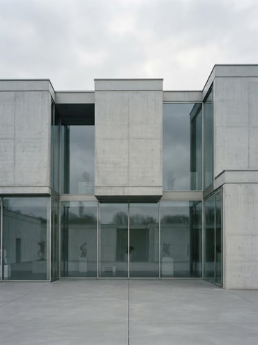 Minimalist concrete and glass facade of a modern gallery, overcast soft daylight, desaturated cool tones, Hasselblad medium format