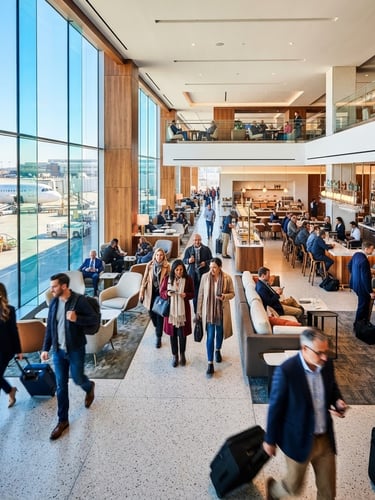Wide shot of a modern, clean airport lounge with travelers in motion, bright natural daylight, high-contrast editorial look, no text or branding