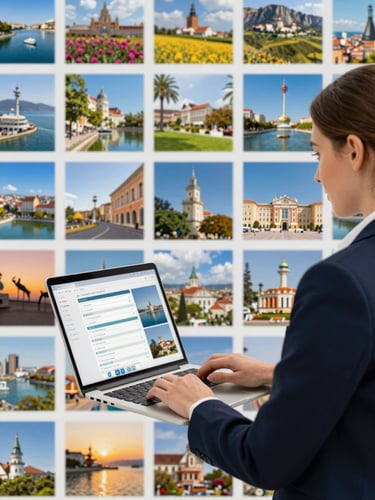 Medium shot of a travel agent working on a laptop with a modern, clean interface, professional architectural lighting, sharp detail, no text or branding